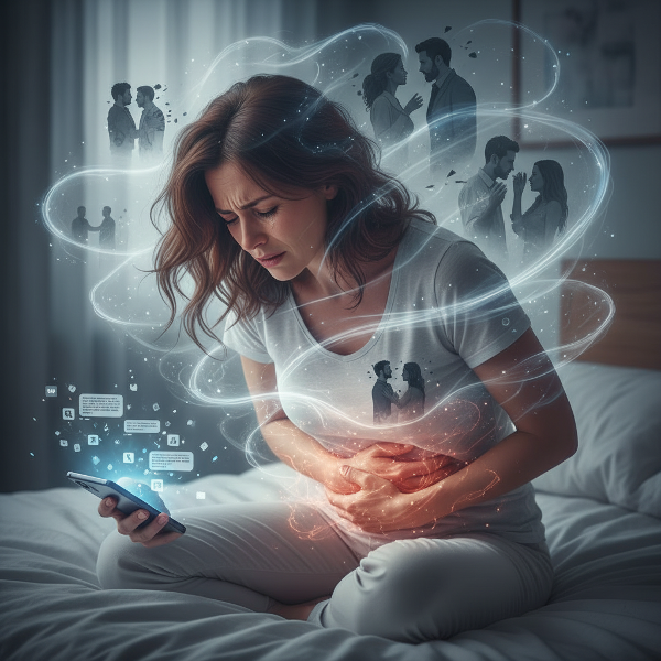 A visual metaphor showing a woman's emotional distress manifesting as physical stomach pain, with intrusive thoughts about her partner's past swirling around her.