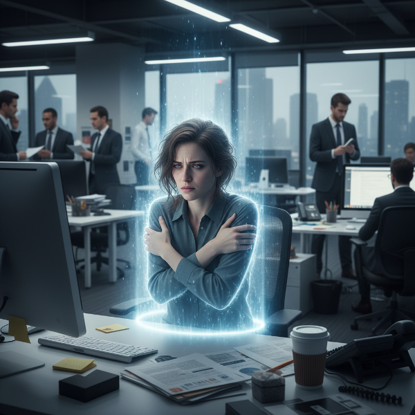 A professional woman in a busy office, surrounded by faint, shimmering energy that represents her protective boundaries against physical contact.