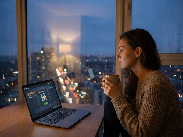 A woman experiencing loneliness in her new city apartment, contemplating connection.