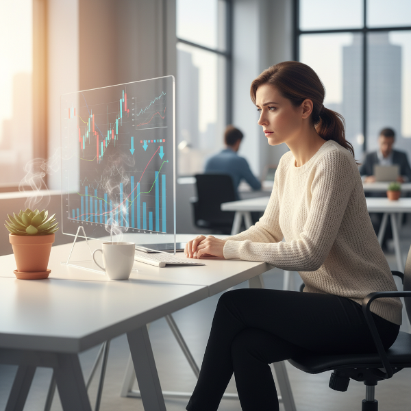 An illustration of a young woman in an office setting, experiencing financial stress while surrounded by symbols of work and personal well-being.