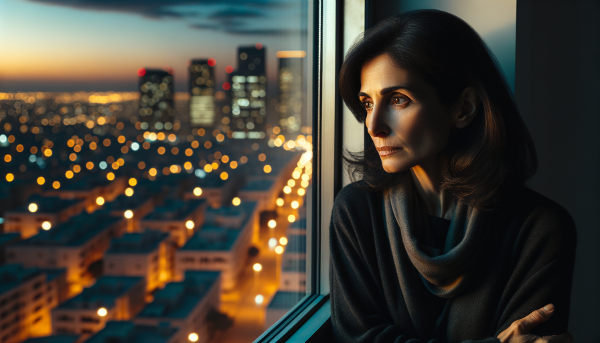 A woman gazes from her new apartment at the evening lights of an unfamiliar city, symbolizing transition and the search for connection.