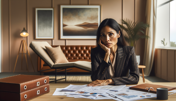 An image depicting a woman experiencing work-related anxiety in a modern office, with elements suggesting support and management strategies.