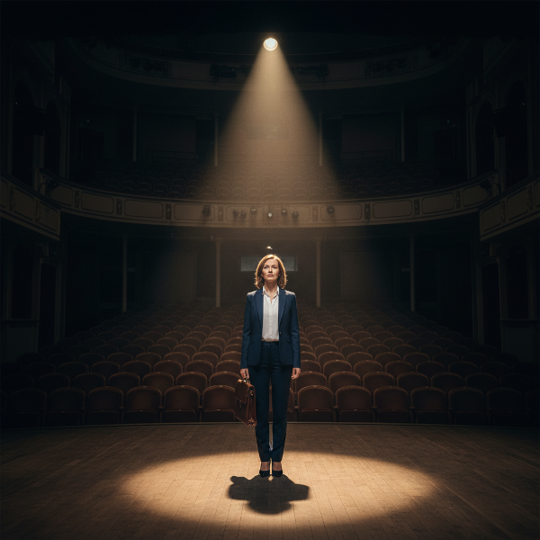 A woman in business clothes stands alone on a dark, empty stage, symbolizing an existential crisis and the search for personal meaning.