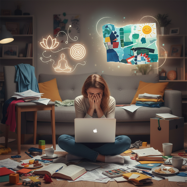 A woman struggles with writer's block amidst a busy life, with visual aids representing creativity and focus techniques.