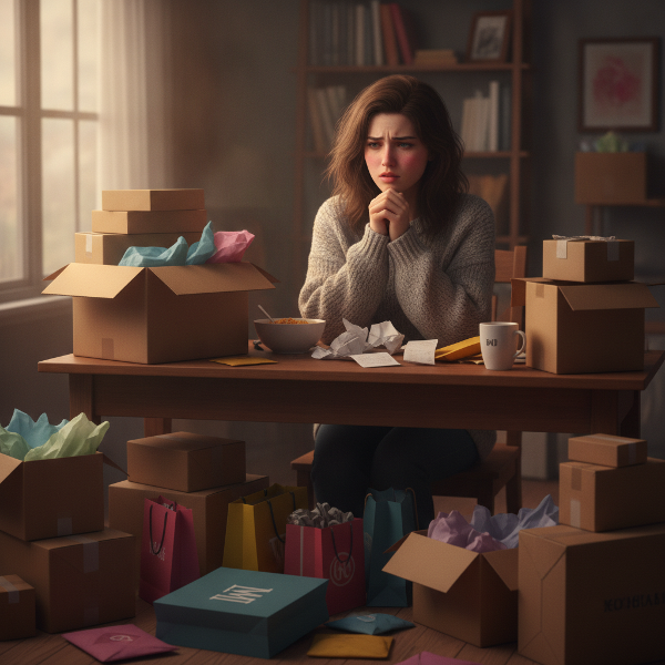 A woman overwhelmed by online shopping packages, showing guilt and stress.