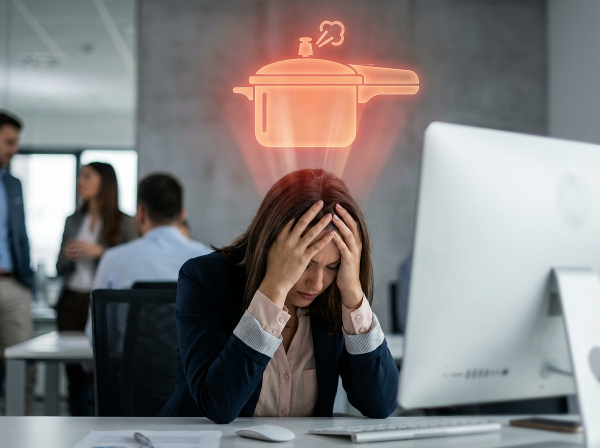 A visual metaphor of a woman as a pressure cooker, overwhelmed by workplace stress.