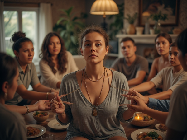 An illustration of a woman being symbolically pulled in different directions by translucent strings held by family member silhouettes, representing conflicting demands and the need for boundaries.