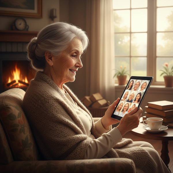 A woman in her 60s, reflecting on family connections while holding a digital device, surrounded by a comfortable, personal space.