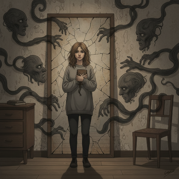 A symbolic image of a woman confronting self-doubt and emotional turmoil in a fractured reflection.