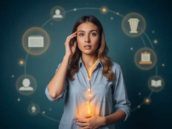 A symbolic image representing psychosomatic stress, showing the connection between mental pressure and physical symptoms.