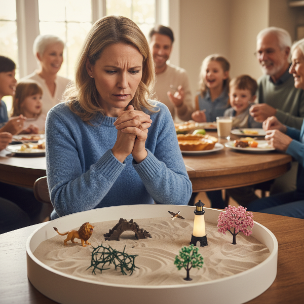 An image depicting a middle-aged woman experiencing anxiety during a family event, employing a calming breathing exercise, with a sand therapy tray containing symbolic miniatures in the foreground.
