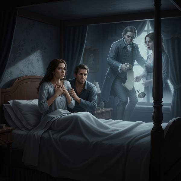 A woman wakes from a nightmare about past betrayal, with a spectral image of infidelity beside her concerned husband in their bedroom.