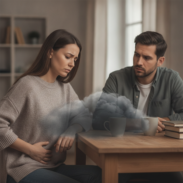 A woman in her 40s experiences sharp abdominal pain during a tense conversation with her husband about finances, symbolizing the mind-body connection.