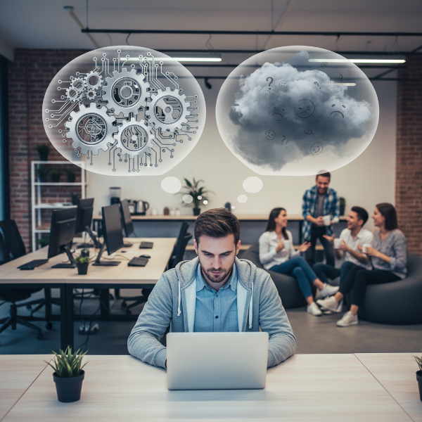 An illustration of a quiet, analytical young man in a modern tech startup environment, surrounded by outgoing colleagues, with visual metaphors for overthinking and self-doubt.