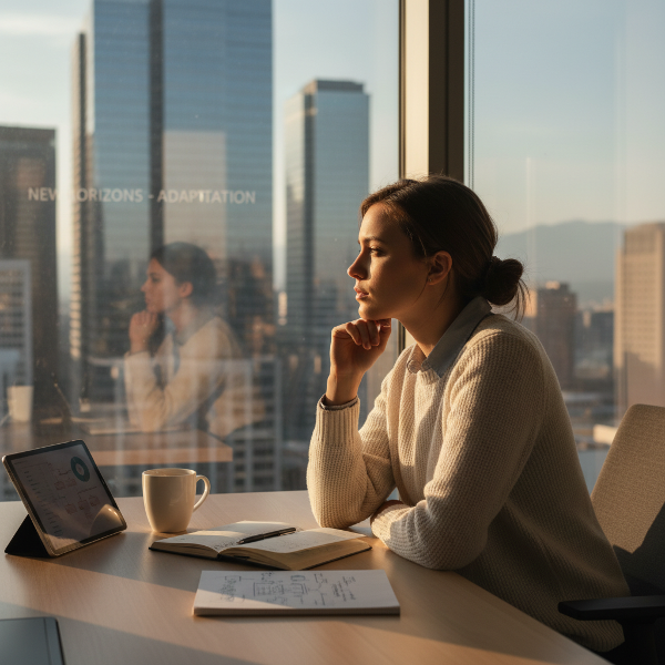 A thoughtful young woman at her desk in a new city, contemplating work culture and connection.