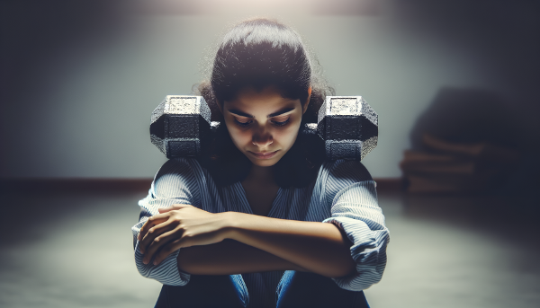 A symbolic image of a young woman burdened by emotional weight, with a glimmer of hope in the darkness.