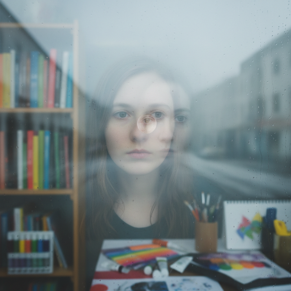 An illustration of a young woman feeling detached, viewing her faded hobbies through a foggy window.