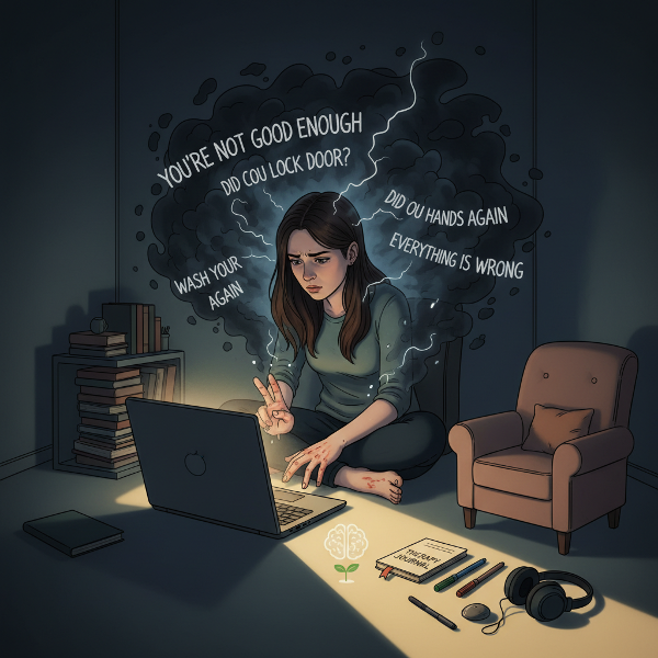 A symbolic image showing a young woman at her computer, with abstract representations of intrusive thoughts and compulsive rituals, and a hopeful path toward therapeutic tools like a brain diagram and a clock.
