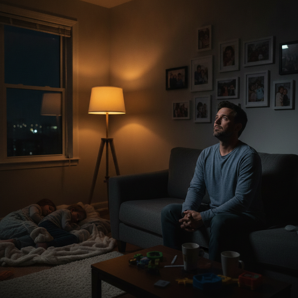 Un padre vedovo, seduto da solo sul divano, con i figli addormentati sullo sfondo, guarda pensieroso il soffitto, mentre una luce calda illumina l'ambiente.