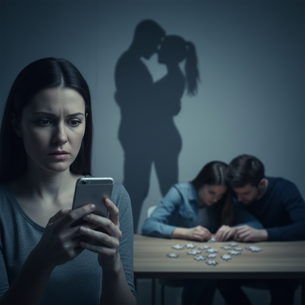 Un'illustrazione che rappresenta l'ansia e il controllo ossessivo dopo un tradimento, con elementi simbolici come un puzzle rotto e ombre minacciose.