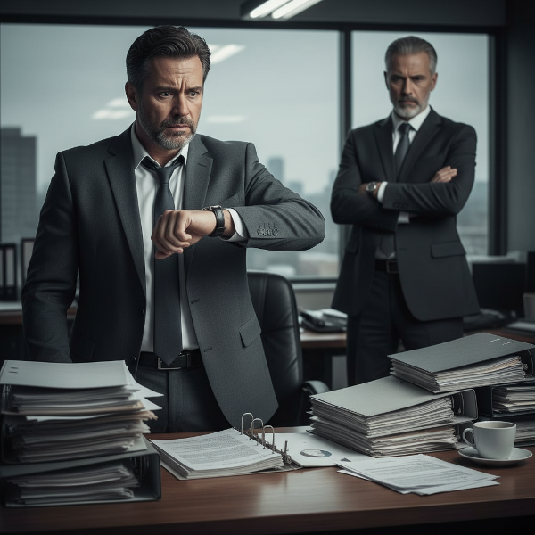 Un uomo in giacca e cravatta, visibilmente stressato, in un ufficio moderno mentre controlla l'ora. Una figura indistinta alle sue spalle simboleggia il conflitto lavorativo.