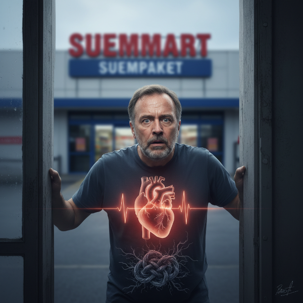 Un'illustrazione che rappresenta l'ansia e l'agorafobia: un uomo paralizzato sulla porta di casa, mentre il mondo esterno (un supermercato) appare distorto e minaccioso. Elementi grafici mostrano le reazioni fisiche come un cuore accelerato e un nodo allo stomaco.