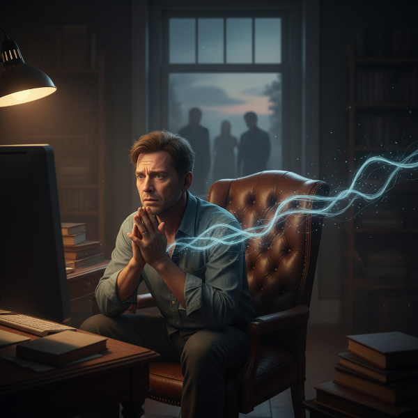 Un uomo solo in un ufficio domestico, con espressione ansiosa, mentre osserva connessioni sociali che si affievoliscono fuori dalla finestra.