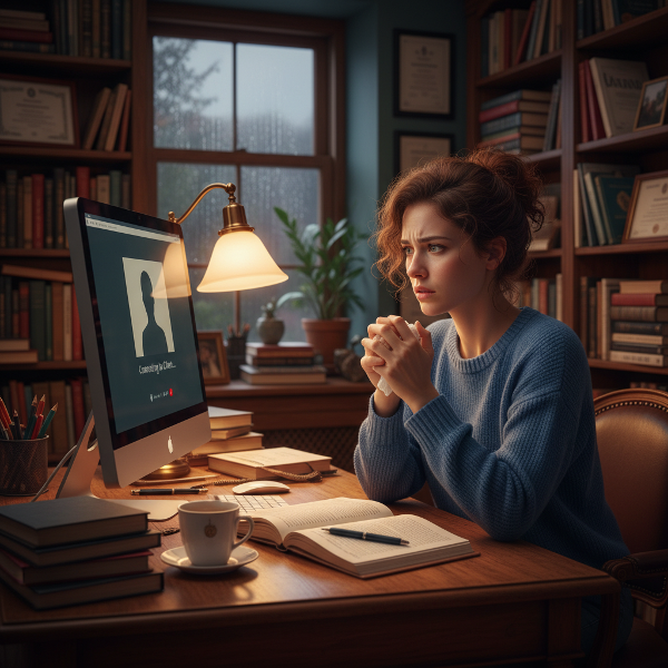 Un'illustrazione che mostra una giovane psicologa che prova ansia prima di una sessione online, con sintomi fisici visibili come sudore e agitazione, nel suo studio.