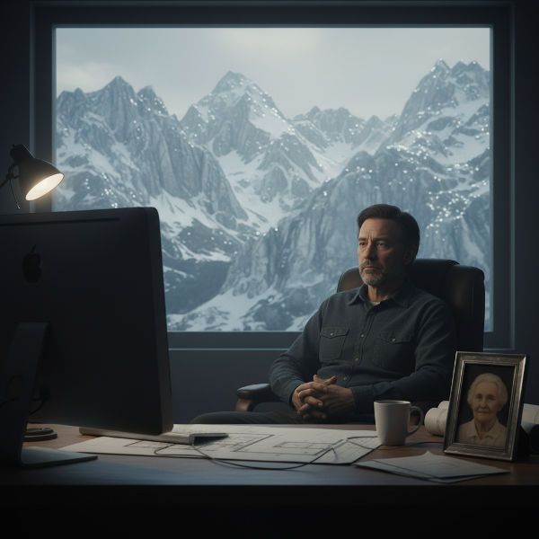 Un uomo solo in un ufficio, circondato da un senso di vuoto e freddezza, che rappresenta l'apatia e il lutto dopo la perdita di una madre.