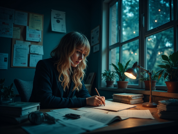 Un'illustrazione che mostra una professionista sopraffatta dallo stress lavorativo, con elementi che simboleggiano l'ansia da prestazione e l'incapacità di staccare.