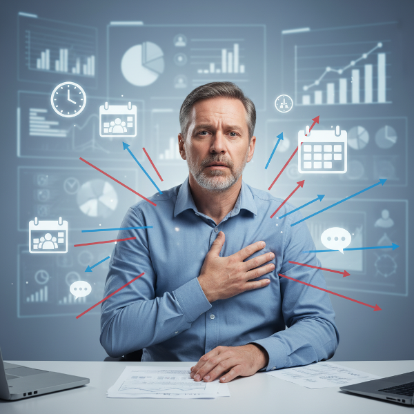 Un professionista in ufficio che sperimenta sintomi fisici di ansia prima di una riunione importante, con elementi visivi che rappresentano lo stress lavorativo.
