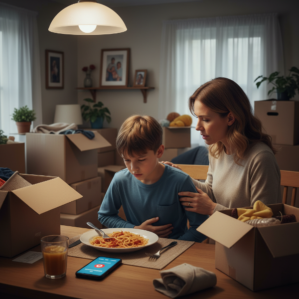 Illustrazione che mostra un bambino con mal di pancia in un contesto familiare stressante, con elementi che richiamano la pressione scolastica e le dinamiche con la nonna.