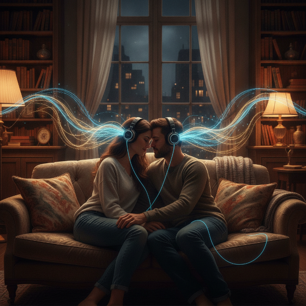 Immagine illustra l'uso della musica per riconnettere intimità e desiderio in coppia, con atmosfera calda e rilassante.