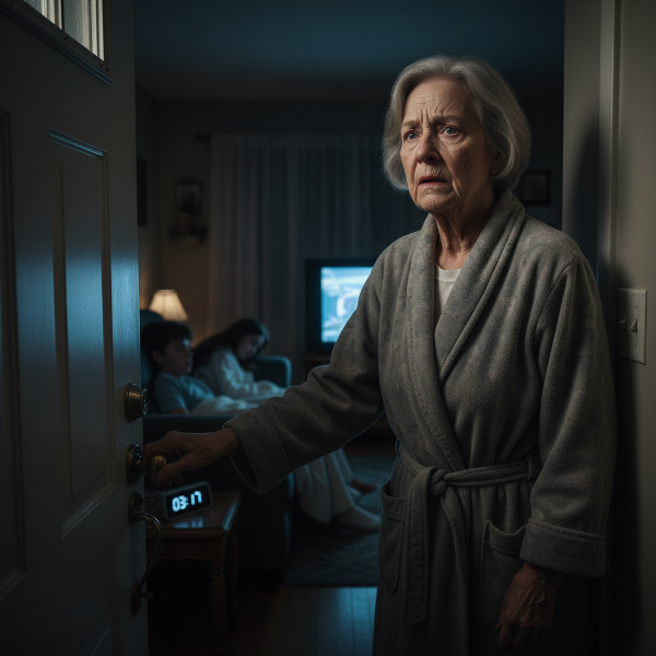 Un'immagine che mostra una donna anziana di notte in casa, con espressione ansiosa mentre controlla la serratura della porta. Sullo sfondo, si intravedono due figure adolescenti che dormono. L'atmosfera è carica di tensione e ipervigilanza.