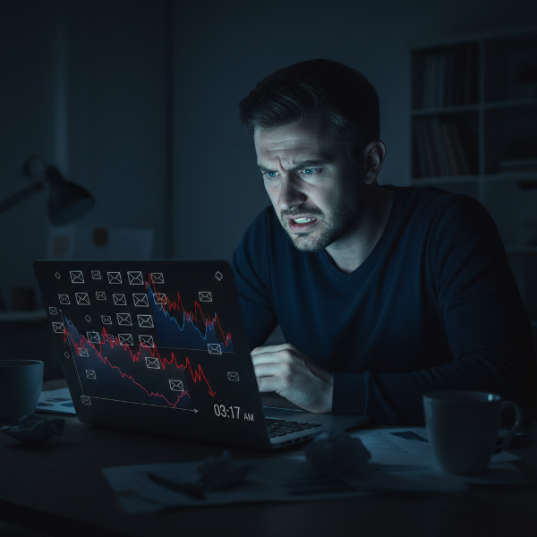 Un imprenditore in piena notte, paralizzato dall'ansia e dai ricordi di un fallimento lavorativo, mentre fissa uno schermo di computer in un ufficio desolato.