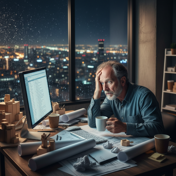 Un uomo professionista in un ufficio notturno, sopraffatto dal lavoro, che simboleggia stress cronico e burnout.