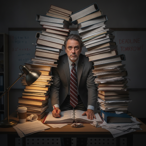 Insegnante di scuola elementare stressato con pile di libri e fogli, esprime affaticamento emotivo e fisico.
