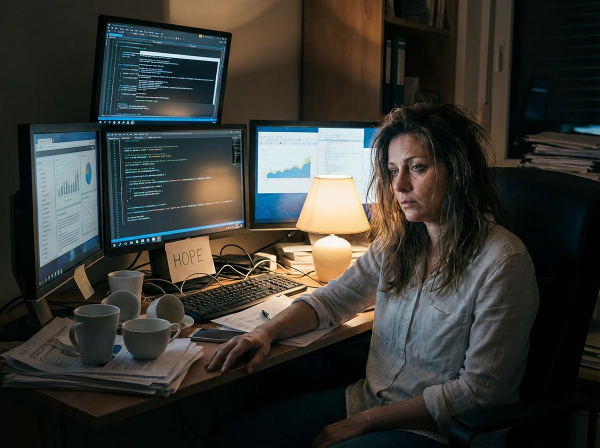 Una donna imprenditrice esausta, circondata da schermi e compiti, intrappolata in un labirinto di lavoro, con una luce di speranza in lontananza.