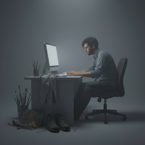 Un uomo esausto fissa uno schermo vuoto in un ufficio avvolto da una nebbia grigia, con i suoi hobby abbandonati in un angolo.