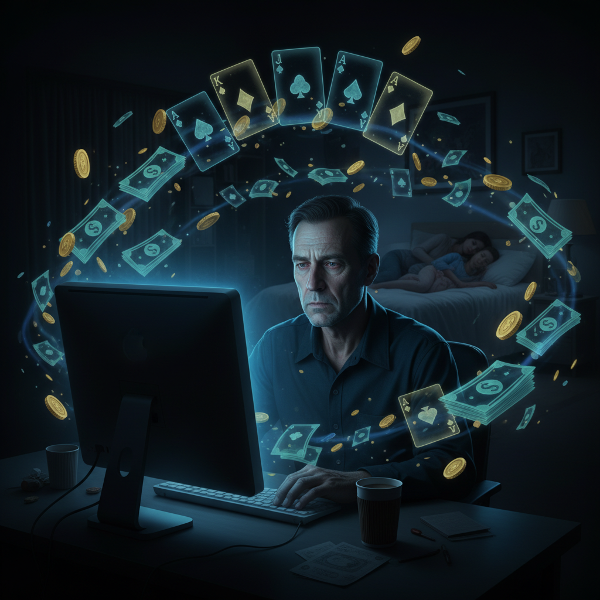 Un'immagine che rappresenta l'isolamento e il conflitto interiore di una persona alle prese con la dipendenza dal gioco d'azzardo online di notte, mentre la sua famiglia riposa.
