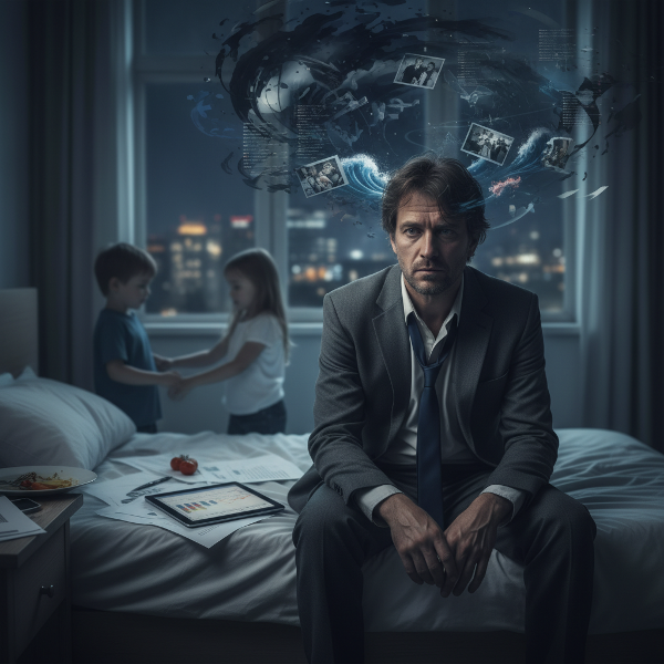 Un uomo in giacca e cravatta, con aria stanca, tiene per mano due bambini sorridenti. Sullo sfondo, un ufficio moderno e una casa confusa si fondono. La sua espressione è distante, mentre una luce calda avvolge i bambini.