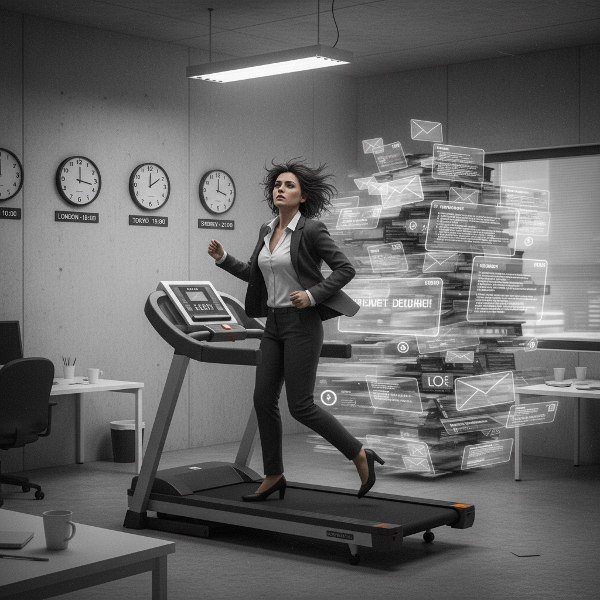 Un'illustrazione che mostra una professionista in burnout, intrappolata in una corsa senza fine su un tapis roulant in un ambiente lavorativo opprimente e caotico.