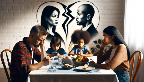 Un'illustrazione che mostra la tensione familiare causata dalla dipendenza dallo smartphone durante un momento di convivialità.