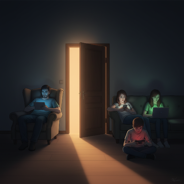 Un'illustrazione che mostra una famiglia divisa dalla tecnologia in un'atmosfera pesante, con un raggio di luce che suggerisce la possibilità di ritrovare l'unità.