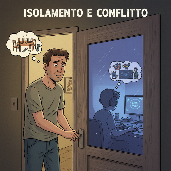 Un padre e una madre in soggiorno guardano preoccupati verso la porta chiusa della stanza del figlio, che con le cuffie gioca al computer, simbolo di isolamento e comunicazione interrotta.