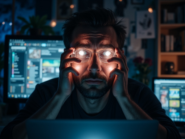 Un uomo in un ufficio domestico è circondato e sopraffatto dalla luce dei suoi dispositivi digitali, mentre il suo vero lavoro creativo svanisce.