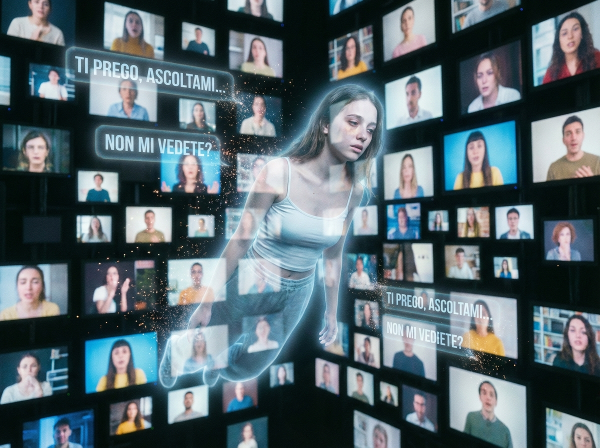 Un'illustrazione che mostra una persona altamente sensibile che si sente come un fantasma invisibile in un ambiente di lavoro digitale affollato, con interazioni che la attraversano senza coinvolgerla.