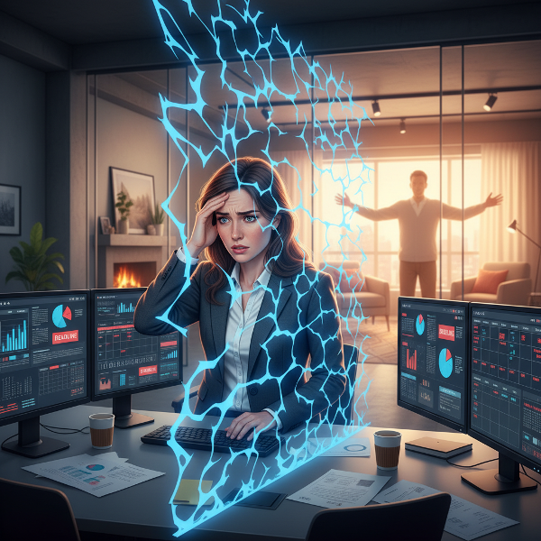 Un'illustrazione che mostra la pressione lavorativa di una donna altamente sensibile e come questa crei una barriera emotiva nella sua vita intima, con elementi simbolici di transizione verso la calma.