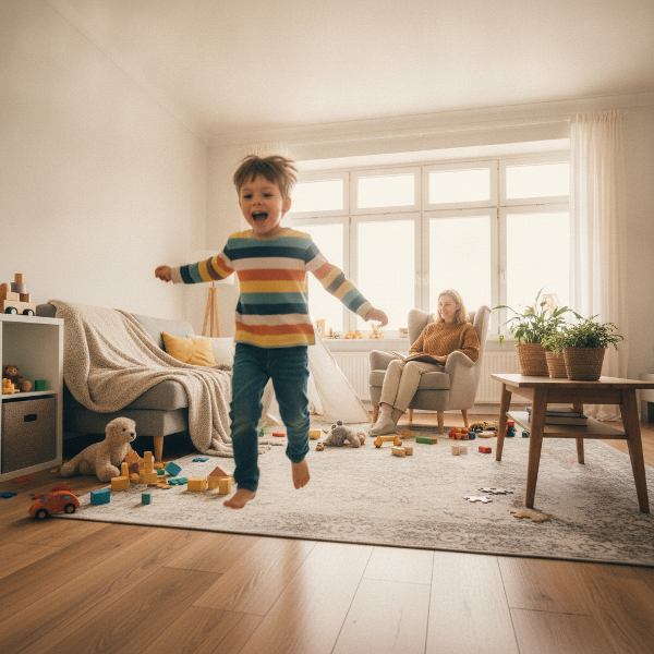 Bambino vivace in salotto con madre paziente che lo osserva, sfondo con giochi e cuscini per attività motoria