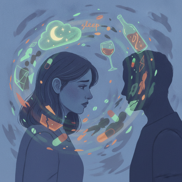 Illustrazione di una donna con un partner sullo sfondo, circondata da simboli astratti di sonno, alcol, pillole e traumi passati, che rappresentano la confusione e la distanza emotiva del suo calo di desiderio sessuale.